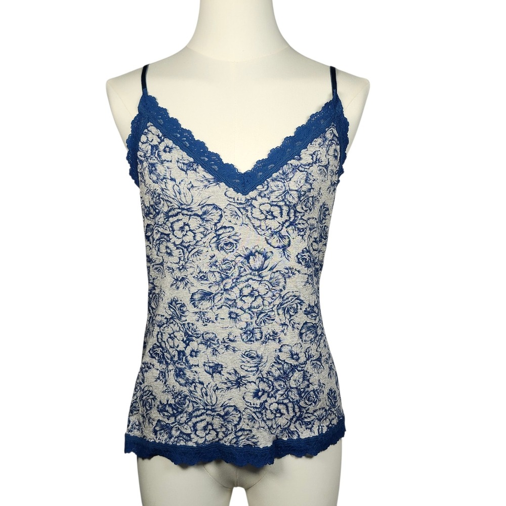 Hanky Panky Cami Top Womens Medium Blue‎ Floral Lace Trim Romantic Coquette